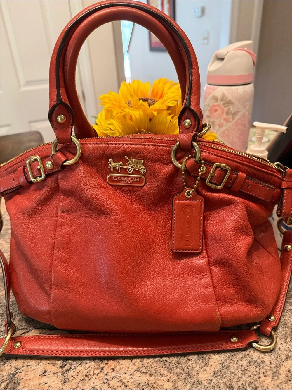 Coach Orange-Red Leather Satchel with Gold Hardware